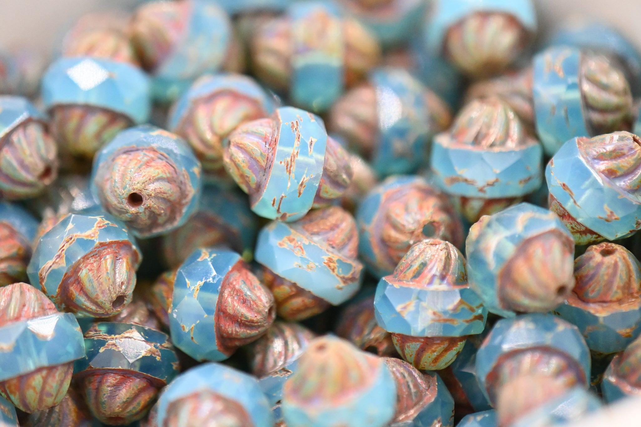 Czech Glass Beads - Picasso Beads - Turbine Beads - Fire Polished Beads - Aqua Opal Blue - 11x10mm - 10pcs