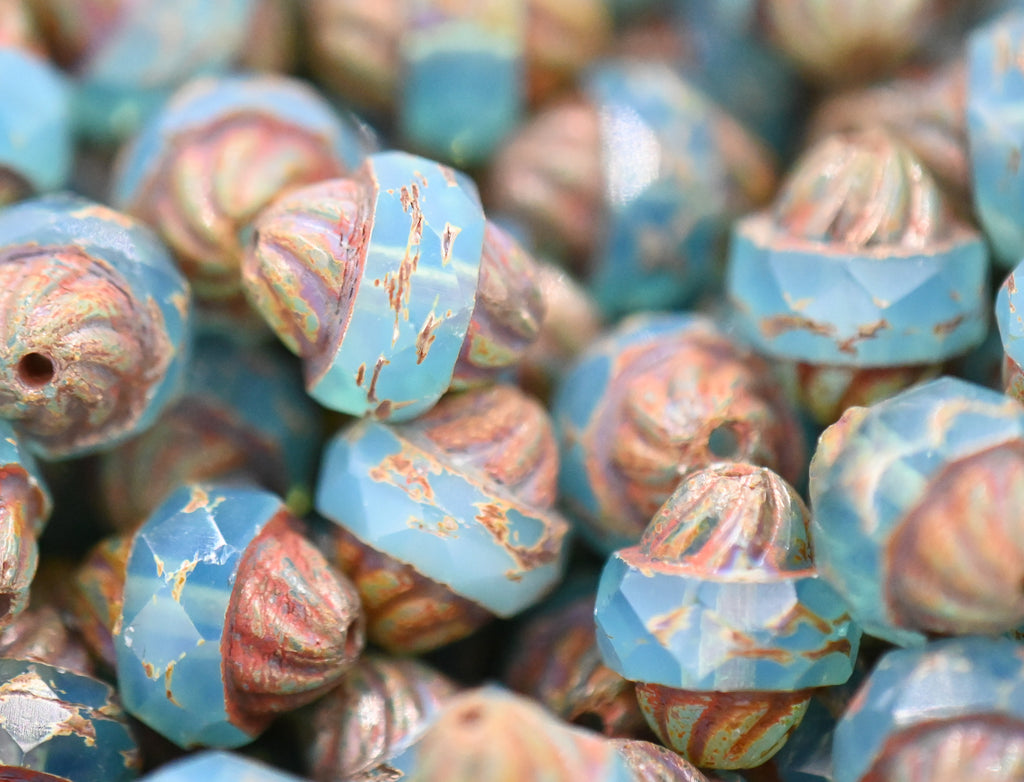 Czech Glass Beads - Picasso Beads - Turbine Beads - Fire Polished Beads - Aqua Opal Blue - 11x10mm - 10pcs