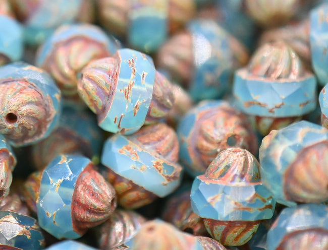 Czech Glass Beads - Picasso Beads - Turbine Beads - Fire Polished Beads - Aqua Opal Blue - 11x10mm - 10pcs Main Image