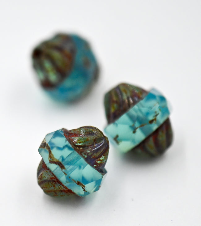 Czech Glass Beads - Picasso Beads - Turbine Beads - Fire Polished Beads - Aqua Opal Blue - 11x10mm - 10pcs Hover Image