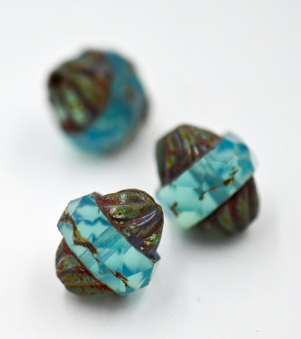 Czech Glass Beads - Picasso Beads - Turbine Beads - Fire Polished Beads - Aqua Opal Blue - 11x10mm - 10pcs