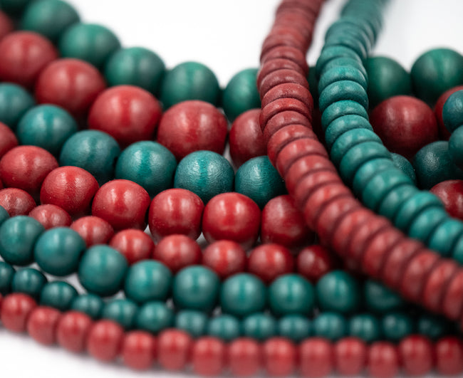 Two Strands, Red and Green Wood Set, 6mm,8mm,10mm,12mm, 8x5mm Holiday Christmas Wood. Hover Image