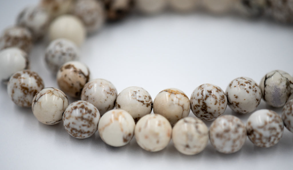 White Magnesite 6mm, 8mm Heavy Matrix White Magnesite Round Beads in Opaque Finish -15.5 inch strand