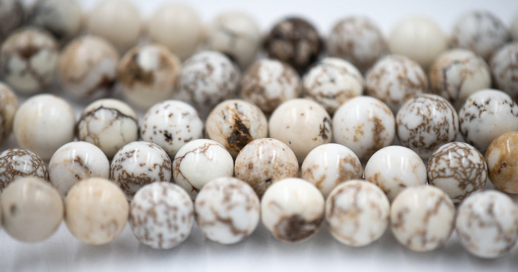 White Magnesite 6mm, 8mm Heavy Matrix White Magnesite Round Beads in Opaque Finish -15.5 inch strand