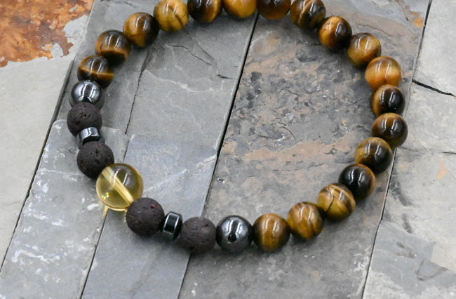 Men's Beaded Bracelet, Deep Brown Lava Rock, Tiger Eye and Citrine Gemstone, Stretch Bracelet Main Image
