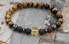 Men's Beaded Bracelet, Deep Brown Lava Rock, Tiger Eye and Citrine Gemstone, Stretch Bracelet