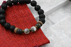 Men's Beaded Bracelet, Deep Brown Lava Rock, Tiger Eye and Citrine Gemstone, Stretch Bracelet