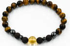 Men's Beaded Bracelet, Deep Brown Lava Rock, Tiger Eye and Citrine Gemstone, Stretch Bracelet