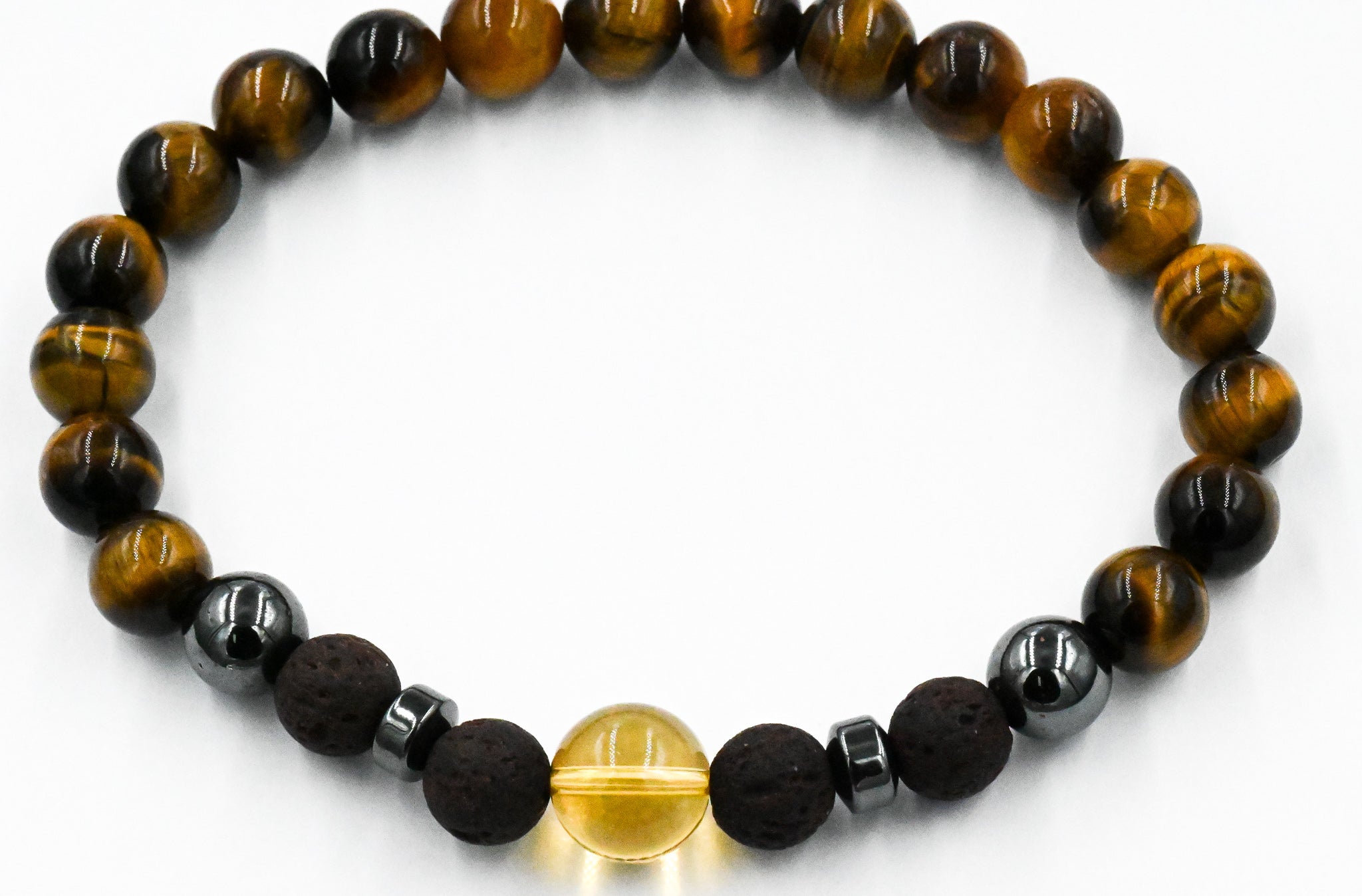 Men's Beaded Bracelet, Deep Brown Lava Rock, Tiger Eye and Citrine Gemstone, Stretch Bracelet
