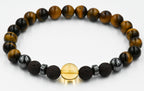 Men's Beaded Bracelet, Deep Brown Lava Rock, Tiger Eye and Citrine Gemstone, Stretch Bracelet