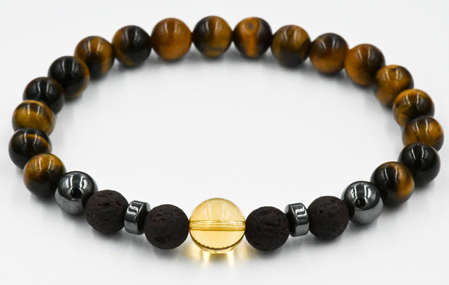 Men's Beaded Bracelet, Deep Brown Lava Rock, Tiger Eye and Citrine Gemstone, Stretch Bracelet Hover Image