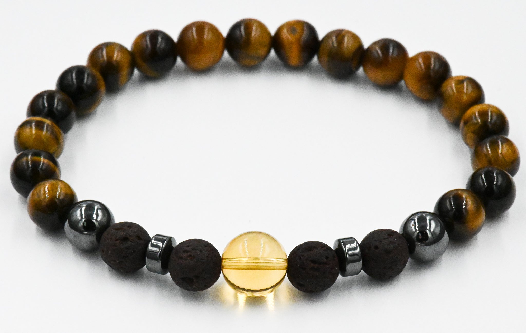 Men's Beaded Bracelet, Deep Brown Lava Rock, Tiger Eye and Citrine Gemstone, Stretch Bracelet