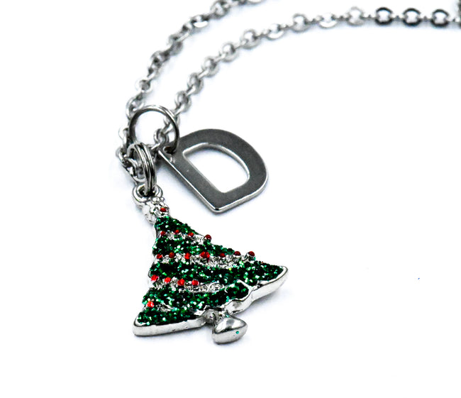 Christmas Tree Charm Necklace, Glitter Christmas Charm charm,  Charm Necklace, Personalized Necklace, Initial Necklace Hover Image