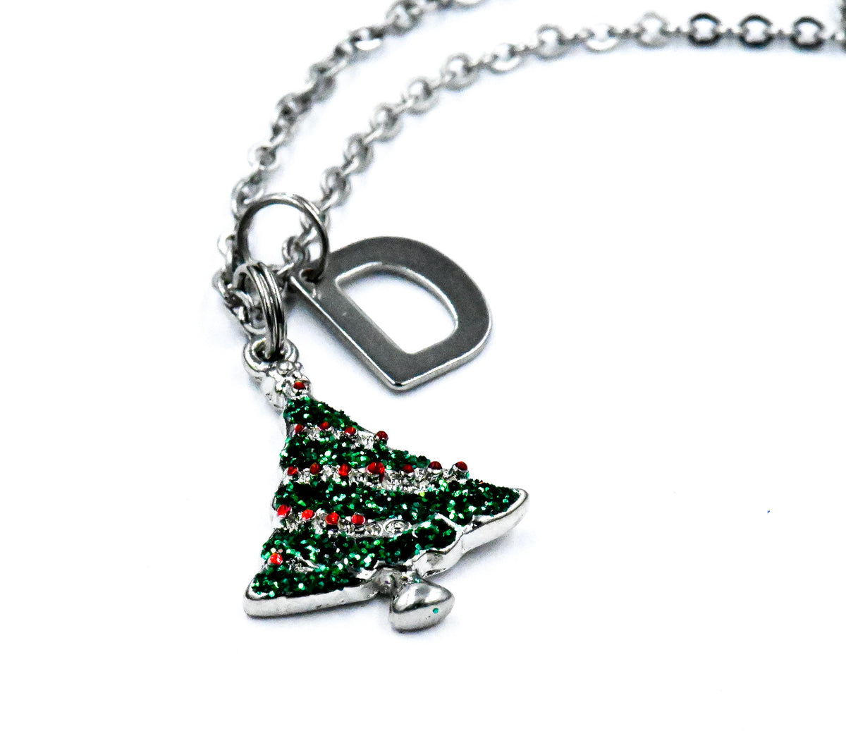 Christmas Tree Charm Necklace, Glitter Christmas Charm charm,  Charm Necklace, Personalized Necklace, Initial Necklace