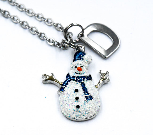 Snowman Charm Necklace, Glitter Christmas Charm,  Charm Necklace, Personalized Necklace, Initial Necklace Hover Image
