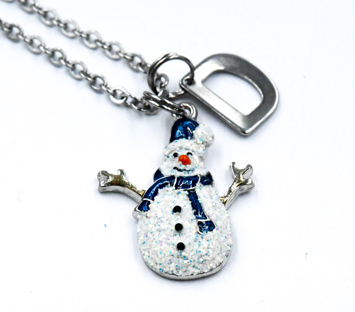 Snowman Charm Necklace, Glitter Christmas Charm,  Charm Necklace, Personalized Necklace, Initial Necklace