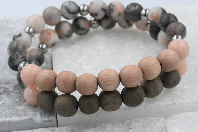 Essential Oil Diffuser Bracelet, Rosewood Greywood, Gemstone Beaded Bracelet, Aromatherapy Bracelet, Pink Zebra Jasper Hover Image