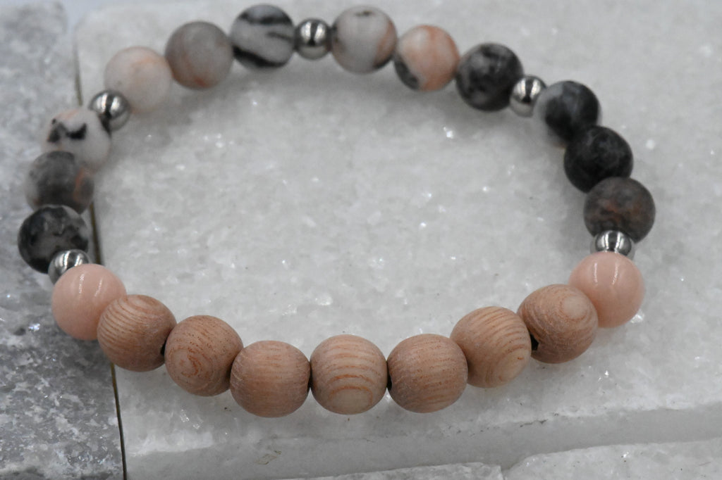 Essential Oil Diffuser Bracelet, Rosewood Greywood, Gemstone Beaded Bracelet, Aromatherapy Bracelet, Pink Zebra Jasper
