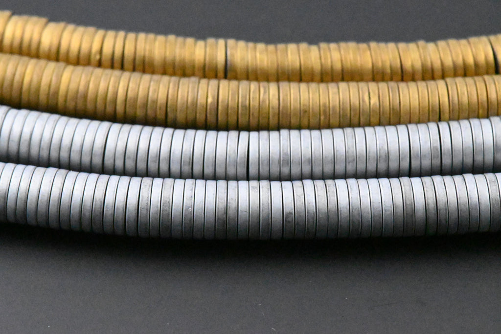 Frosted Antique Gold Hematite or Silver Flat Rondelle Shiny 1x6mm Hematite Wheel Beads -Two 15.5 inch strand