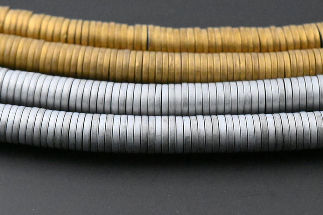 Frosted Antique Gold Hematite or Silver Flat Rondelle Shiny 1x6mm Hematite Wheel Beads -Two 15.5 inch strand Hover Image