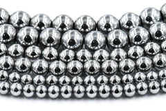 Rhodium Plated Hematite 3mm, 4mm, 6mm, 8mm, 10mm Silver Round Beads -15 inch strand
