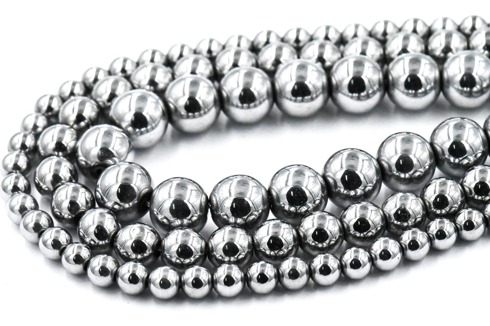 Rhodium Plated Hematite 3mm, 4mm, 6mm, 8mm, 10mm Silver Round Beads -15 inch strand