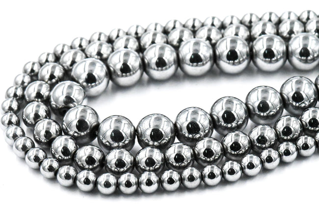 TWO STRANDS Rhodium Plated Hematite 3mm, 4mm, 6mm, 8mm, 10mm Silver Round Beads -15 inch strand Hover Image