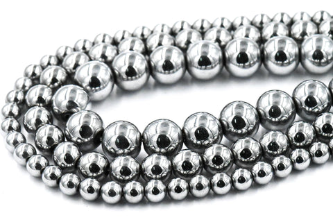 TWO STRANDS Rhodium Plated Hematite 3mm, 4mm, 6mm, 8mm, 10mm Silver Round Beads -15 inch strand