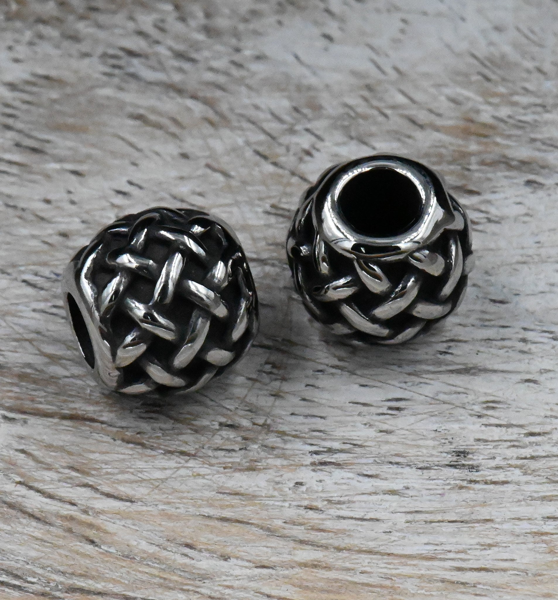Stainless Steel Beads, 1pc, Weave Pattern Large Hole Beads, Column, 10mm Antique Silver