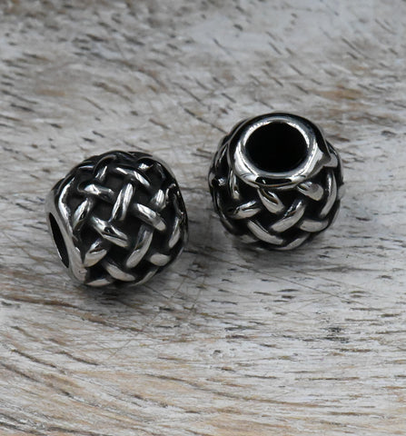 Stainless Steel Beads, 1pc, Weave Pattern Large Hole Beads, Column, 10mm Antique Silver