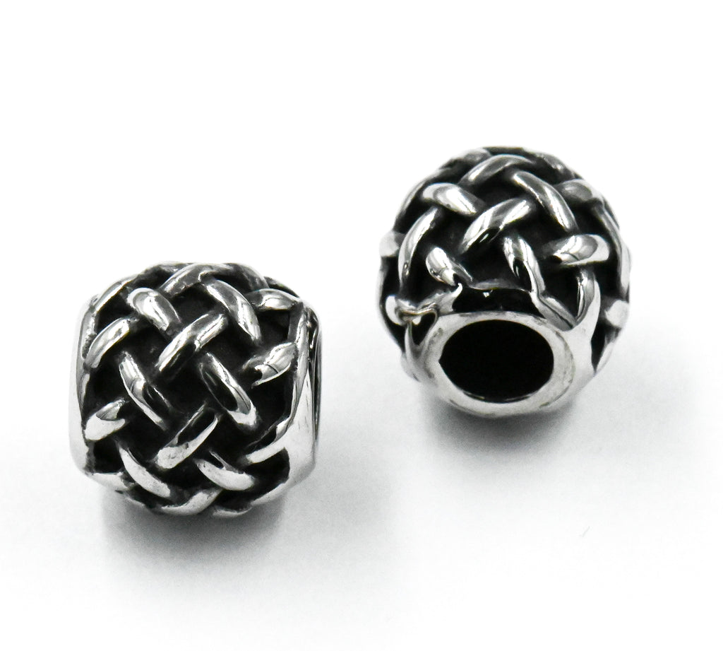 Stainless Steel Beads, 1pc, Weave Pattern Large Hole Beads, Column, 10mm Antique Silver