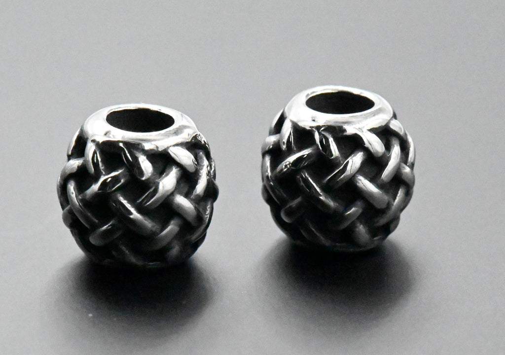 Stainless Steel Beads, 1pc, Weave Pattern Large Hole Beads, Column, 10mm Antique Silver