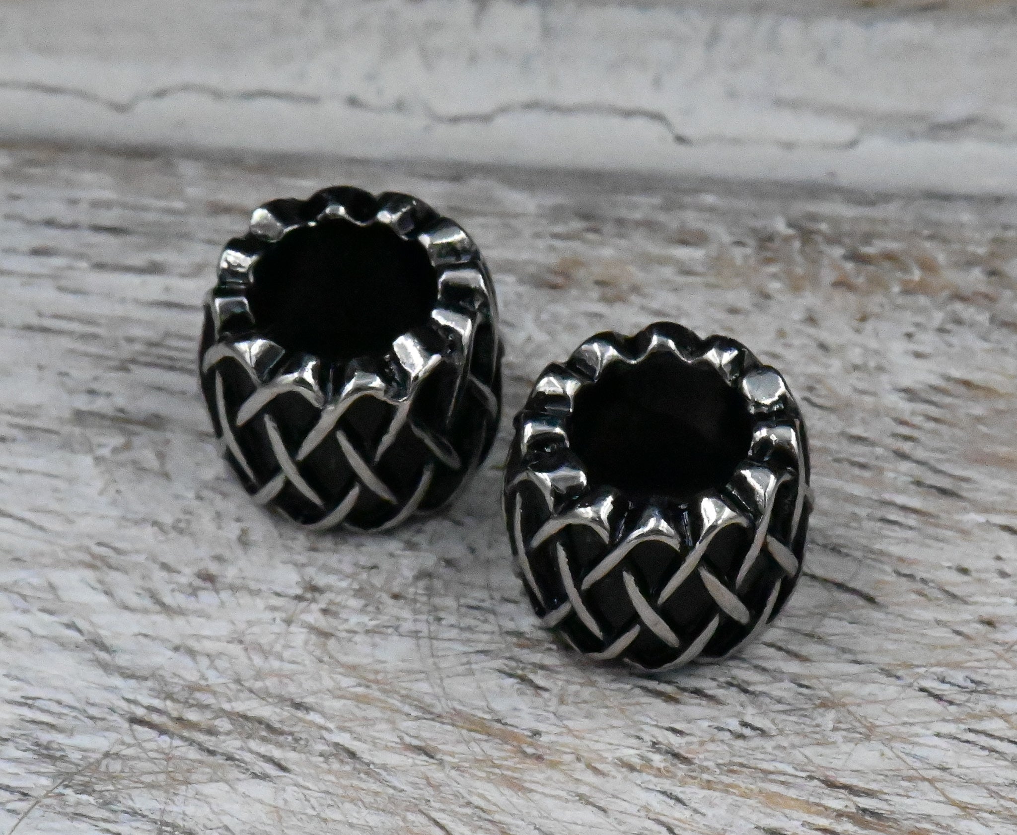 Stainless Steel Beads, 1pc, Retro Weave Pattern Large Hole Beads, 10.5x7.5mm Antique Silver