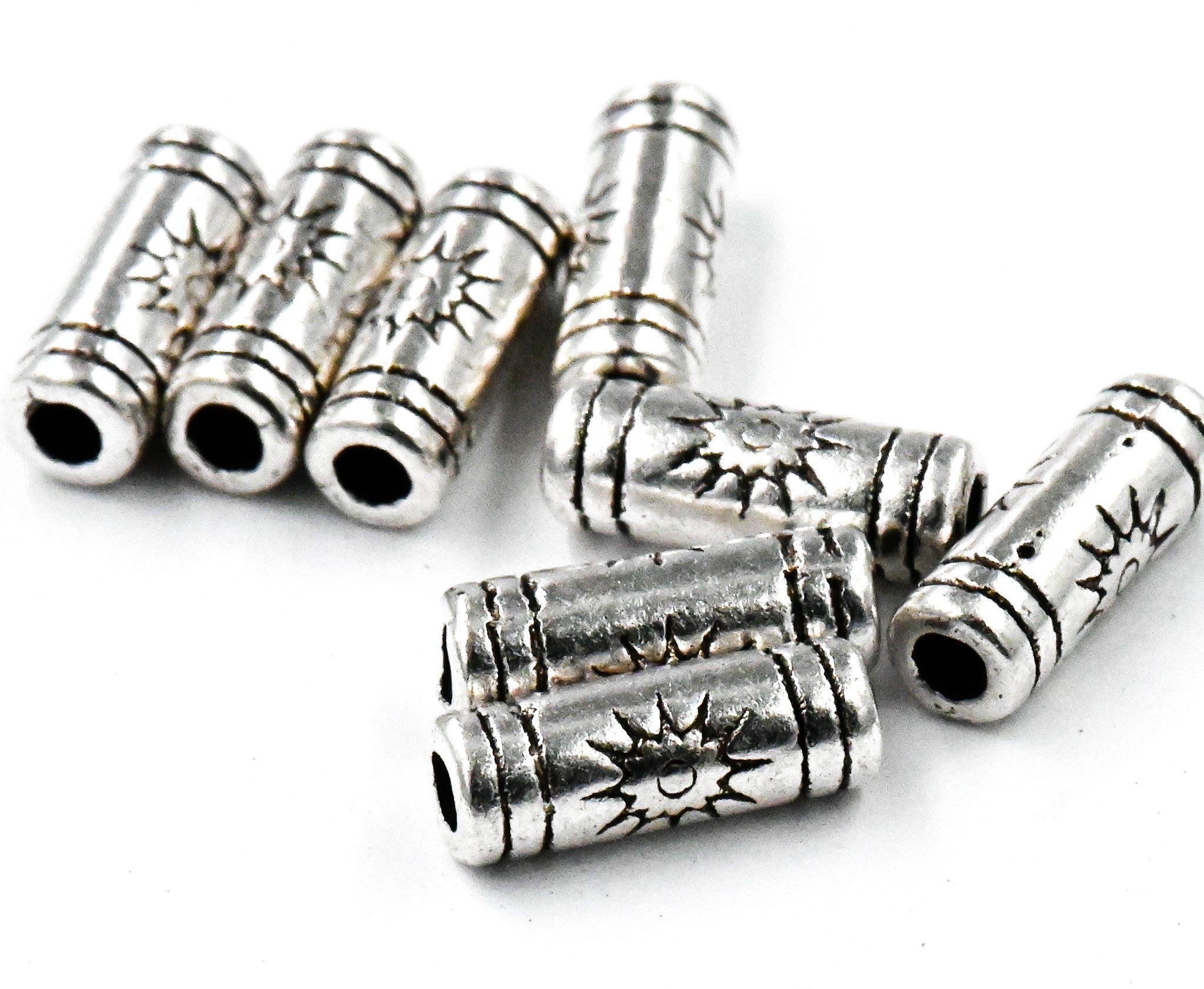 Antique Silver Sun Tibetan Style Tube Beads -100