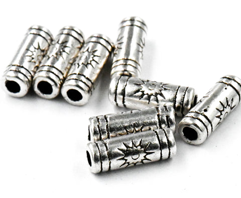 Antique Silver Sun Tibetan Style Tube Beads -50