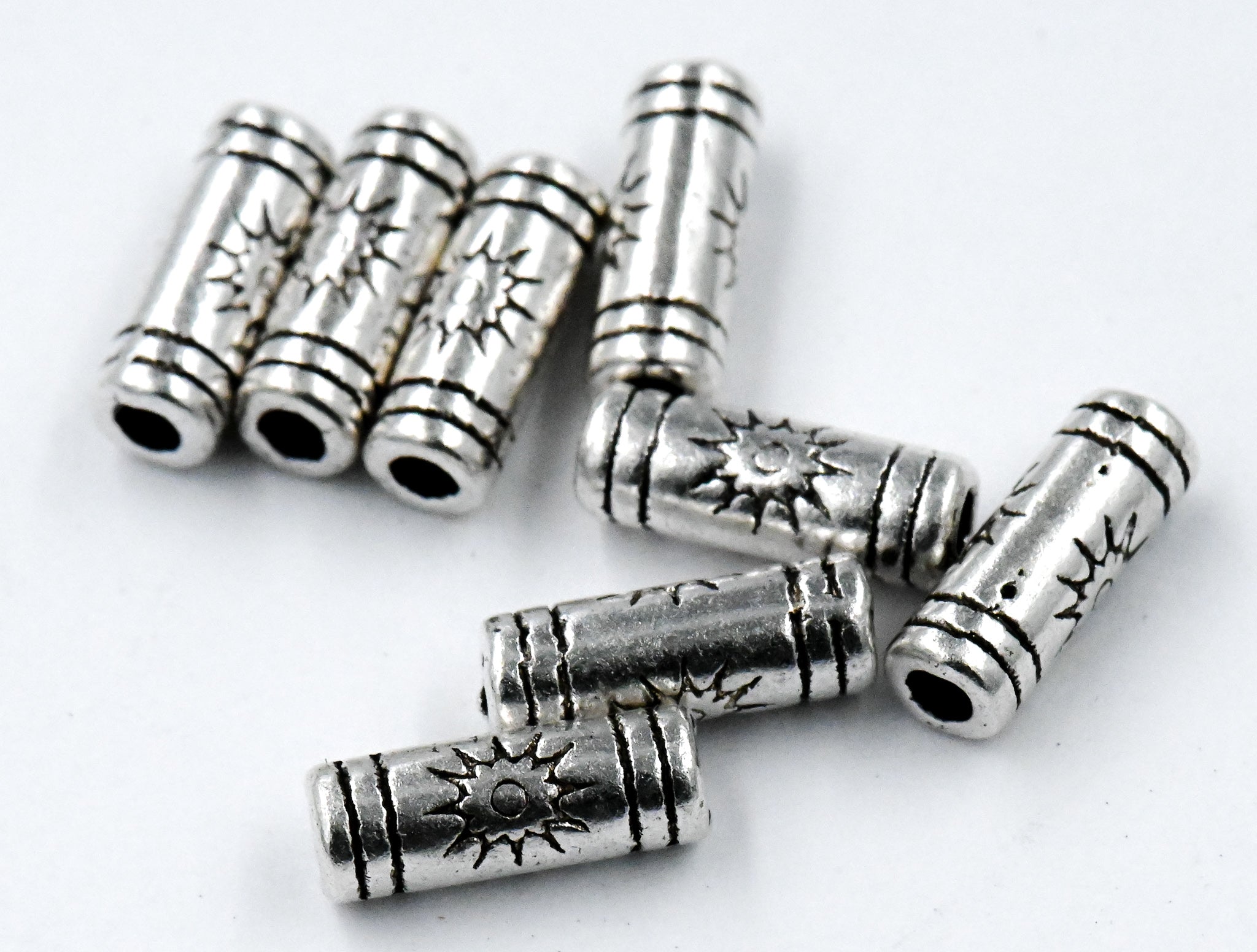Antique Silver Sun Tibetan Style Tube Beads -100