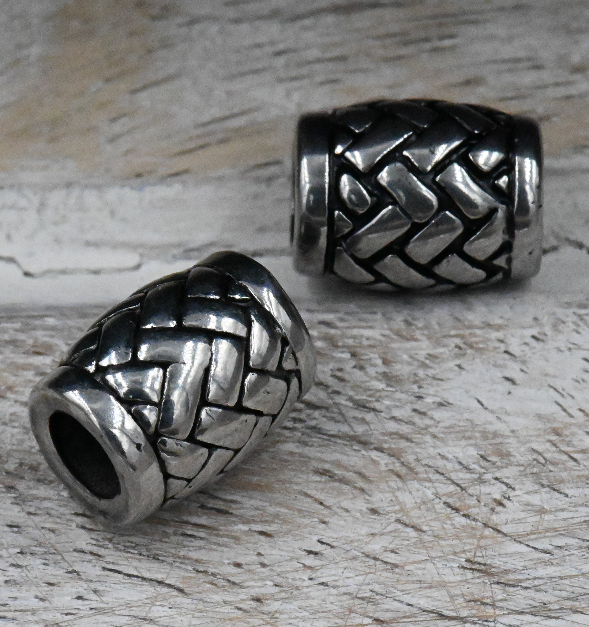 Stainless Steel Beads, 2pc, Weave Pattern Large Hole Beads, 14x11mm Antique Silver