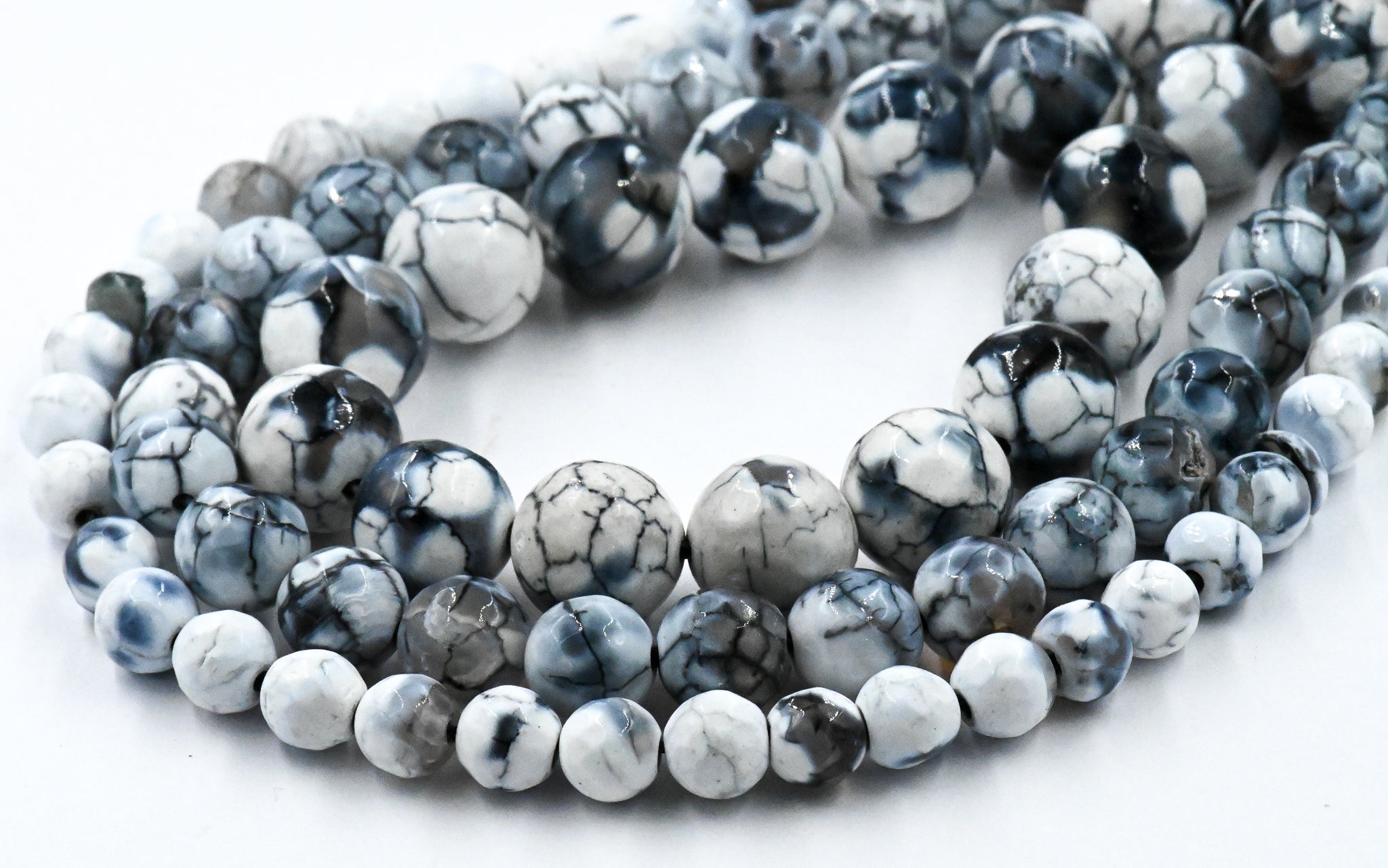 White and Black Fire Agate 6mm, 8mm, 10mm - 15 inch strand