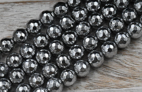 Rhodium Plated Faceted Hematite 6mm, 8mm, 10mm Silver Round Beads -15 inch strand