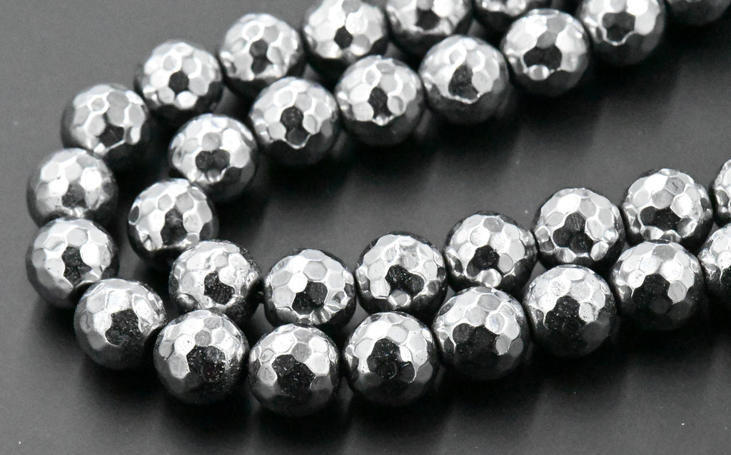 Rhodium Plated Faceted Hematite 6mm, 8mm, 10mm Silver Round Beads -15 inch strand