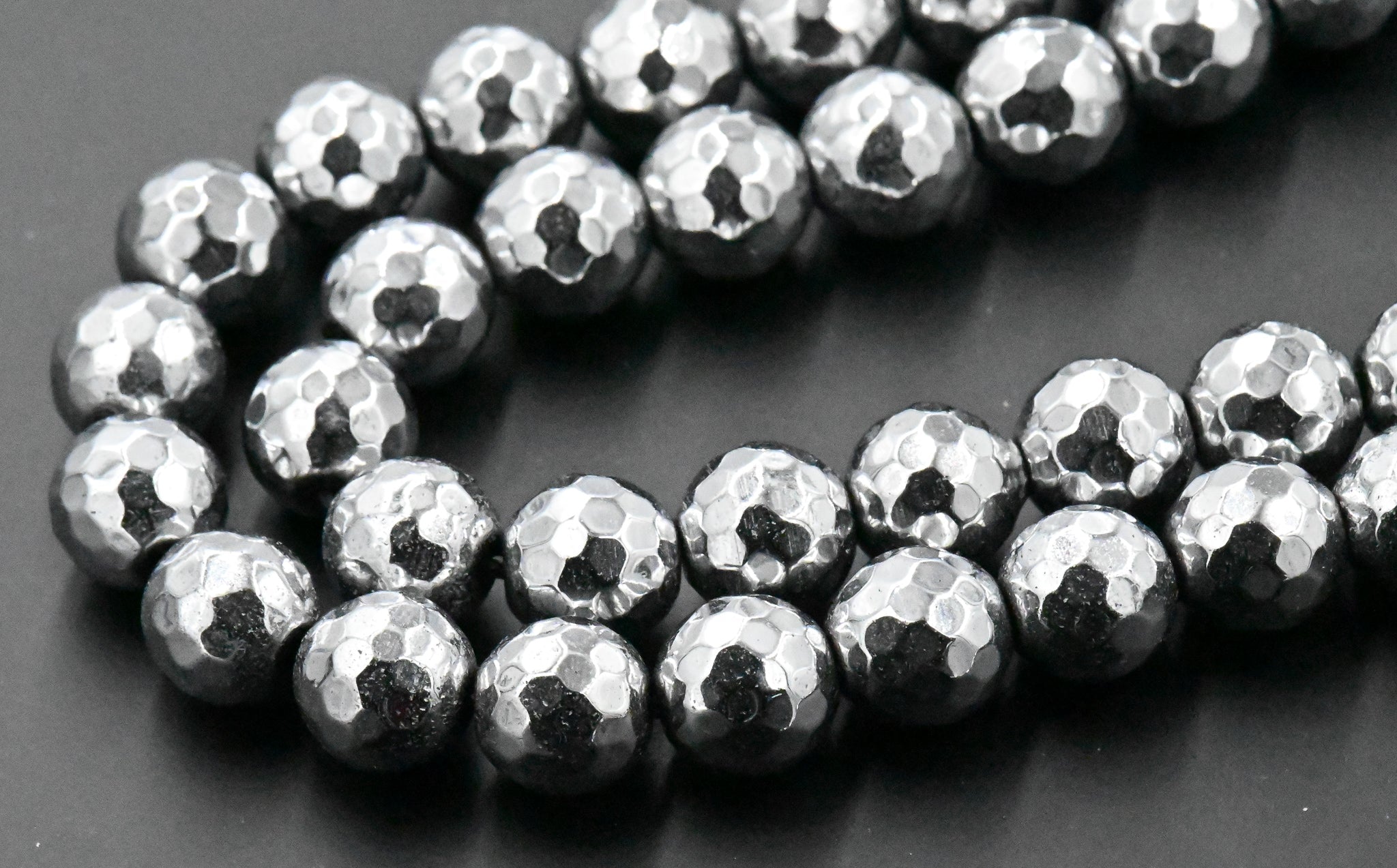 Rhodium Plated Faceted Hematite 6mm, 8mm, 10mm Silver Round Beads -15 inch strand