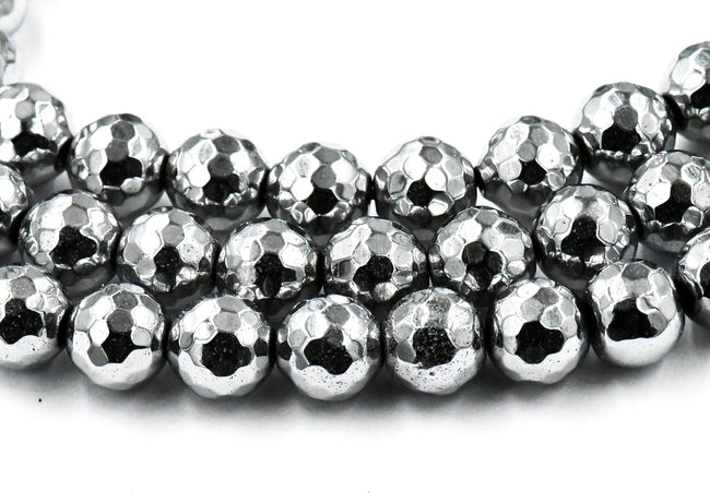 Rhodium Plated Faceted Hematite 6mm, 8mm, 10mm Silver Round Beads -15 inch strand Hover Image