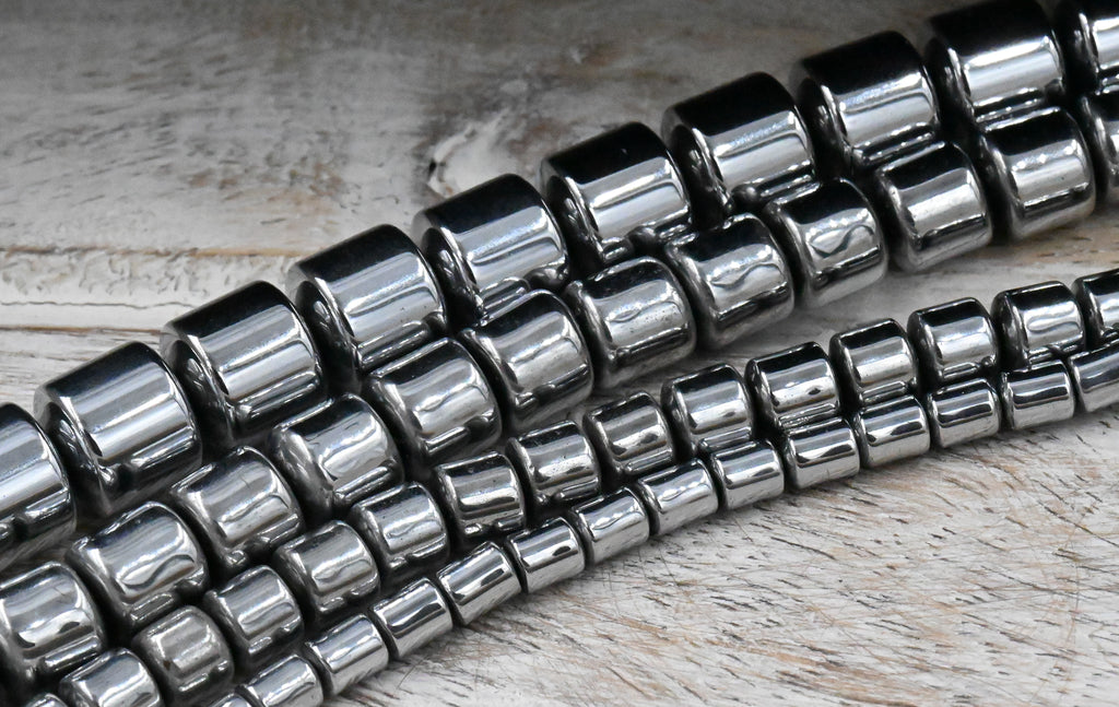 Rhodium Plated Hematite Drum 4x5mm, 6x6mm, 8x8mm, 9x9mm Silver Beads -15 inch strand