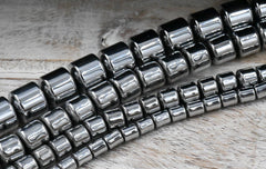 TWO STRANDS Rhodium Plated Hematite Drum 4x5mm, 6x6mm, 8x8mm, 9x9mm Silver Beads -15 inch strand