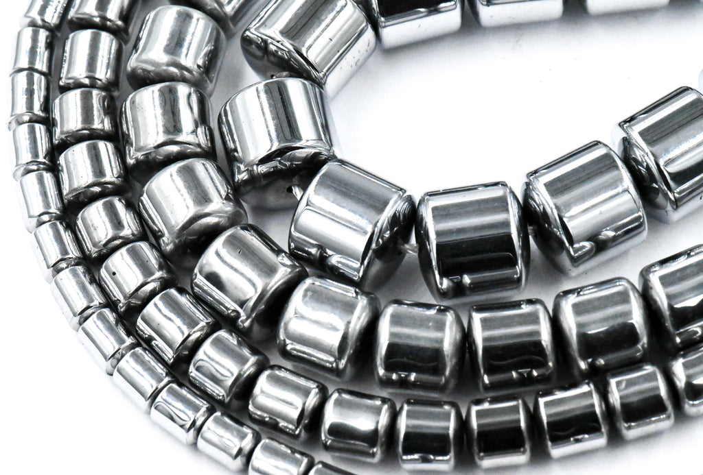 Rhodium Plated Hematite Drum 4x5mm, 6x6mm, 8x8mm, 9x9mm Silver Beads -15 inch strand