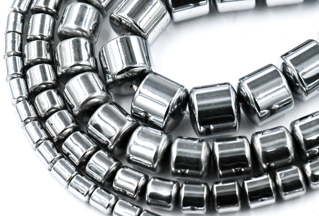 TWO STRANDS Rhodium Plated Hematite Drum 4x5mm, 6x6mm, 8x8mm, 9x9mm Silver Beads -15 inch strand