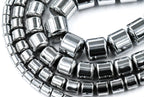 TWO STRANDS Rhodium Plated Hematite Drum 4x5mm, 6x6mm, 8x8mm, 9x9mm Silver Beads -15 inch strand