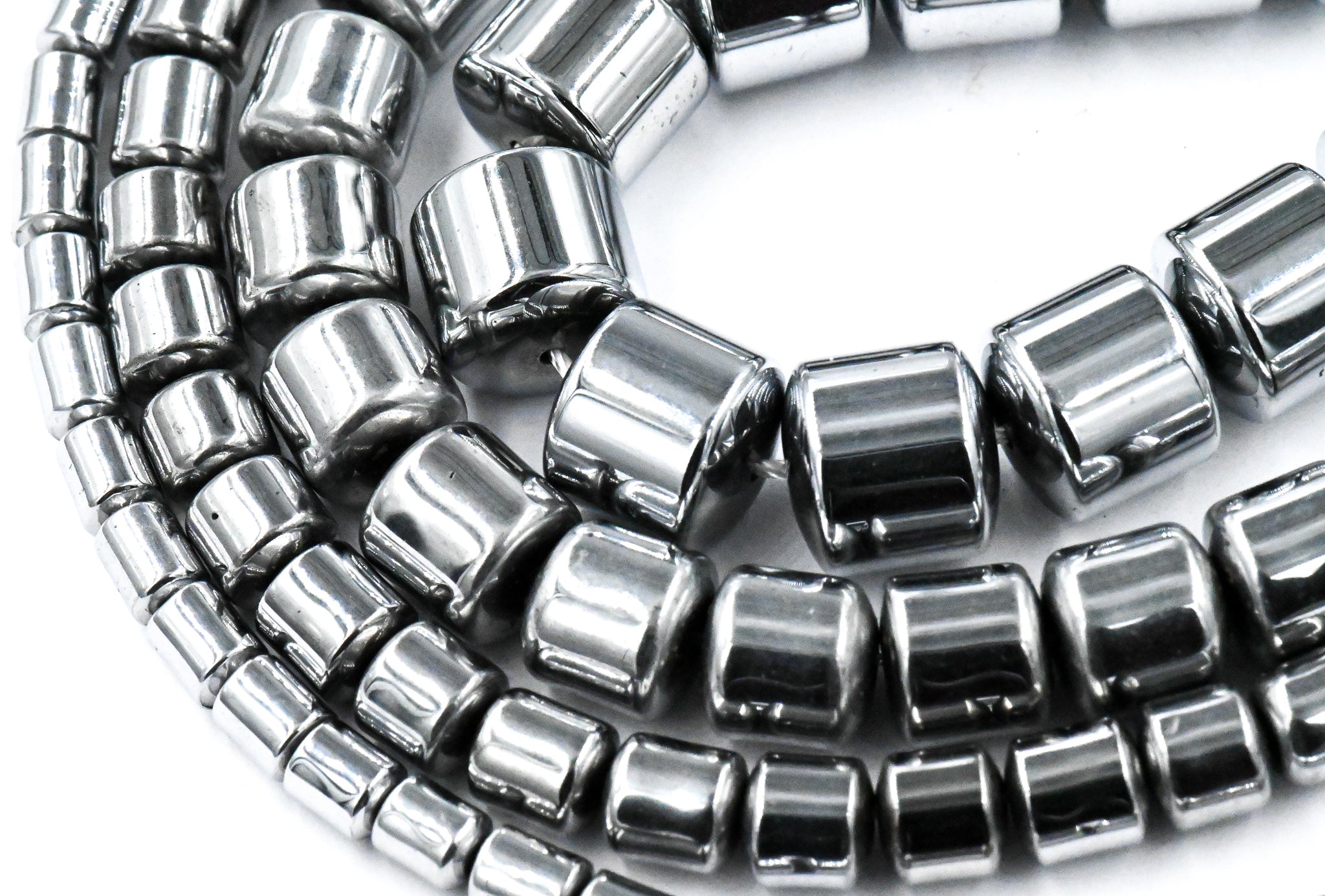 TWO STRANDS Rhodium Plated Hematite Drum 4x5mm, 6x6mm, 8x8mm, 9x9mm Silver Beads -15 inch strand
