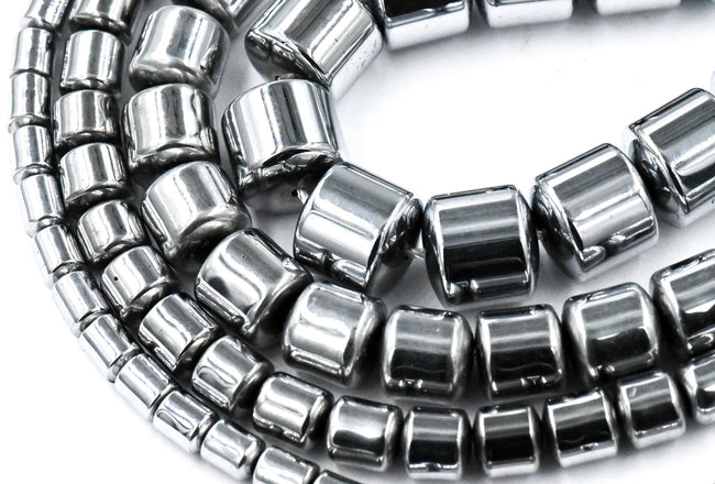 TWO STRANDS Rhodium Plated Hematite Drum 4x5mm, 6x6mm, 8x8mm, 9x9mm Silver Beads -15 inch strand Hover Image