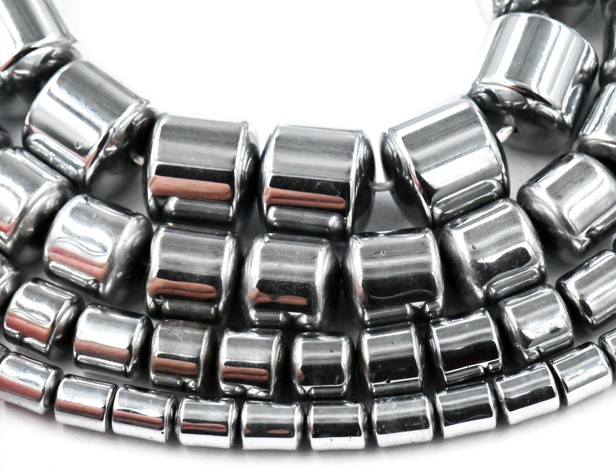TWO STRANDS Rhodium Plated Hematite Drum 4x5mm, 6x6mm, 8x8mm, 9x9mm Silver Beads -15 inch strand